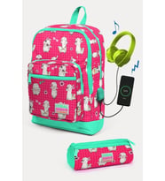 Coral High Kids Neon Mercan Su Yeşili Alpaka Desenli USB'li 2'li Okul Çanta Seti - Kız Çocuk