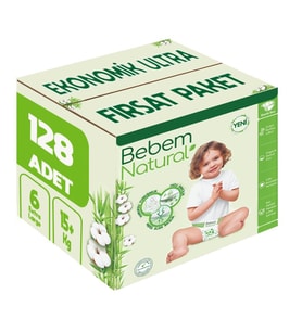 Bebem Bebek Bezi Natural 6 Beden 15+ KG Extra Large 128 Adet Ekonomik Ultra Fırsat Pk
