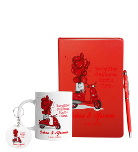 Sevgililer Gününe Özel Kırmızı Defter Kalem Kupa & Süblimasyon Anahtarlık Hediye Seti 13
