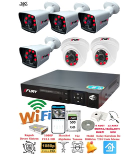 FURY 2 İç 4 Dış Kameralı 5mp Lens 2mp Görüntü Gece Görüşlü Full Hd Güvenlik Kamerası 14125525 500GB