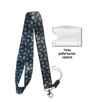 Lacivert Zemin Yeşil Yapraklar Kart Askısı Yaka Kartı Boyun Askı İpi Telefon Askısı Yatay Dikey Kart Koruyucu