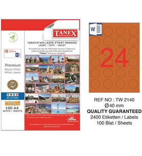 Tanex Lazer Etiket 0.40 MM 100 Yaprak Yuvarlak Turuncu Lazer Yazıcı Etiketi