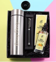 Kişiye Özel Gümüş Renk Dereceli Termos & Siyah Touch Pen & Rebul Mandalina Kolonya Hediye Seti