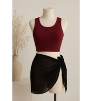 pilelistore Kadın Bordo Yuvarlak Yaka Crop Ve Siyah Pareo 2'li Set