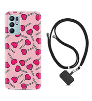 Oppo Reno 6 Kılıf Resimli Boyun Askılı İpli Desenli Silikon Heart Lollipop 1414
