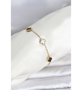 316L Çelik Gold Renk Siyah Beyaz Baby Yonca Model Kadın Bileklik