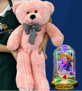 Kişiye Özel Renkli Led Işıklı Fanus ve Büyük Boy Pembe Peluş Ayıcık (Model 4)