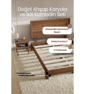 Ebruli̇ Model Yatay Başlıklı Masif Ahşap Karyola ve 2 Adet Komodin Kolay Kurulum Fırınlanmış İthal Sibirya Çamı 150x200 Yatak Uyumlu 2 Adet Komodin