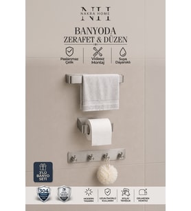 3'lü Set Paslanmaz Çelik Yapışkanlı Havlu Askısı Tuvalet Kağıtlığı 4'lü Ask