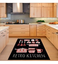Retro Kitchen Desenli Dijital Baskı Yıkanabilir Kaymaz Taban Leke Tutmaz Mutfak Halısı ve Yolluk (Siyah)