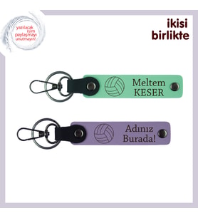 Voleybol Oynayan Kardeşe Hediyelik, Adınız Yazılı Deri Anahtarlık Seti, Açık Yeşil-Mor Menekşe