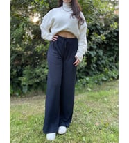Kadın Fitilli Çizgili Penye Raporlu Pamuklu Pijama Altı Eşofman (Lacivert)