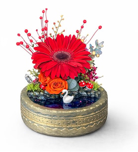 Ring Saksıda Kırmızı Gerbera & Turuncu Gül Teraryum