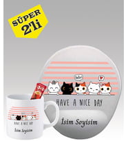 Kişiye Özel Mouse Pad ve Kupa Bardak Seti Sevimli Kediler Desenli