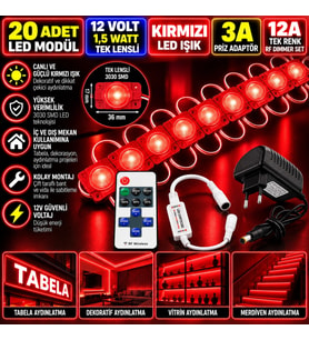 20 Adet 12V 1,5W Tek Lensli 3030 Kırmızı Led Modül 3A Priz Adaptör 12A Tek Renk RF Dimmer Set