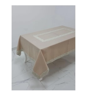 Gonca Jakar Bordürlü Keten Kumaş Bej Masa Örtüsü 160x230 Cm - 1132 (Krem)
