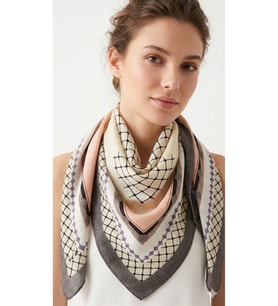 Bej Pudra Geometrik Desenli Polyester Şal 90x90 cm
