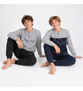 Genç Erkek Pamuklu Yakası Düğmeli Cepli Hediyelik 2 Adet 2'li Alt Üst Pijama Takımı (AL009 V1,AL008 V2) BB2487