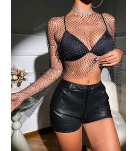 Pilelistore Kadın Siyah Kristal Taşlı File Crop