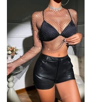 Pilelistore Kadın Siyah Kristal Taşlı File Crop