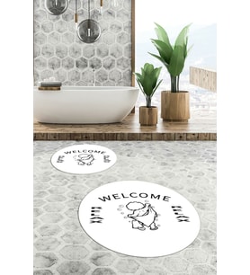 EVDEYA Dijital Baskılı Modern Yıkanabilir İkili Yuvarlak Banyo Halısı Paspas Klozet Takımı, YKLOZET-11-BEYAZ, (Beyaz)