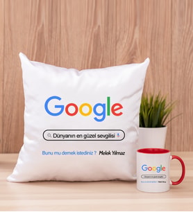 Kişiye Özel Google Tasarım Esprili Kare Yastık ve Kırmızı Kupa