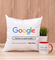 Kişiye Özel Google Tasarım Esprili Kare Yastık ve Kırmızı Kupa