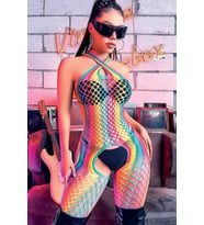 Kadın Gökkuşağı Desenli File Vücut Çorabı Esnek Fantazi Bodysuit