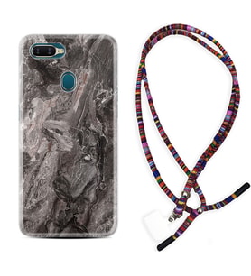 Oppo A5S A15 A16 A54 A55 A73 A74 Kılıf Boyun Asklı Rasta Silikon Gri Mermer 1376