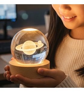 Satürn Night Light Ahşap Altlıklı USB LED Kristal Cam Küre Gece Lambası  Dekoratif & Romantik (Karışık)