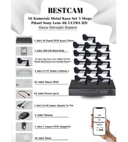 BESTCAM 16 Kameralı Metal Kasa Set 5 Mega Piksel Sony Lensli 4K Ultra HD Gece Görüşlü Sistem 500 GB Hard disk