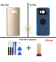 Samsung Galaxy S7 Edge Gold Renk Arka Kapak + Tamir Seti + B7000 Yapıştırıcı Arka Cam Batarya Kapağı Pil Kapağı Lazer Kesim Back Cover Galaxy S7 Edge Uyumlu