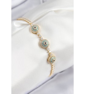 Pirinç Zirkon Taşlı Nazar Model Gold Renk Kadın Bileklik - TJ-BB7705