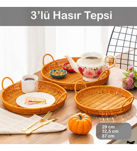 Porsima 710-D Yuvarlak 3'lü Dekoratif Ev Mutfak Düzenleyici Kulplu Hasır Sepet Seti Hasır Tepsi