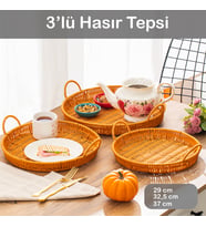 Porsima 710-D Yuvarlak 3'lü Dekoratif Ev Mutfak Düzenleyici Kulplu Hasır Sepet Seti Hasır Tepsi