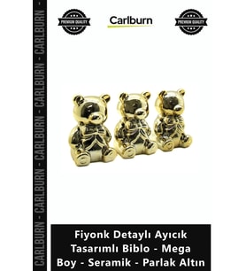 Özel Üretim Lüks Dekoratif Gold Fiyonk Detaylı Ayıcık Tasarımlı Biblo Mega Boy Seramik Parlak Altın