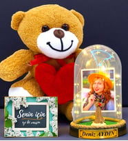 Kişiye Özel Premium Hediye Seti  Led Işıklı Fanus ve Kalpli Peluş Ayıcık (Model 8)