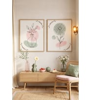 Pastel Minimalist Çiçek ve Bitkiler 2'li Ahşap Çerçeveli Tablo Seti