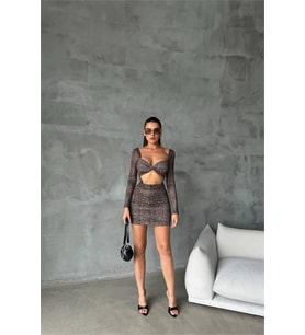 Neşeli butik kadın leopar sırt ve göğüs dekolteli mini elbise NBDF079 (Kahverengi)
