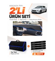 VOLVO V40 (2012-2019) Uyumlu Torpido Örtüsü + Tay Tüyü Bagaj Çantası + Sticker Seti - Siyah Mavi