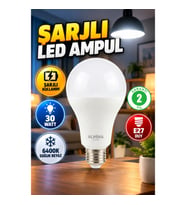 30W Şarjlı LED Ampul – E27 Duy 6400K Soğuk Beyaz