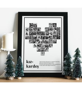 KIZ KARDEŞ YAZILI KALP KOLAJ ÇERÇEVE (SİYAH BEYAZ) (Siyah)