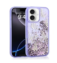iPhone 16 Kılıf Sıvılı Simli Kelebek Tasarım Şeffaf Liquid Glittery Silikon Kapak (Mor)