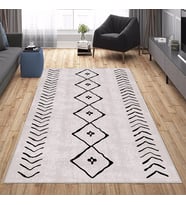 Çizgi Bohem Etnik Kilim Desen Dijital Baskı Yıkanabilir Kaymaz Taban Modern Salon Halısı ve Yolluk (Bej - Siyah)