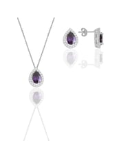 Söğütlü Silver Gümüş beyaz altın rodyumlu ametis taşlı damla modeli ikili set