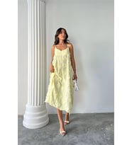 Neşeli butik kadın fisto dokulu salaş kesim yazlık elbise NBG098 (Sarı)