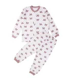Kız Çocuk Ekru Gül Kurusu Fiyonk Baskılı Çıtçıtlı Pijama