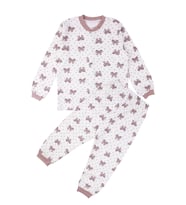 Kız Çocuk Ekru Gül Kurusu Fiyonk Baskılı Çıtçıtlı Pijama