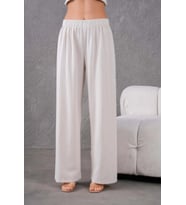 Kadın Keten Beli Lastikli Rahat Bol Paça Pantalon (Ekru)