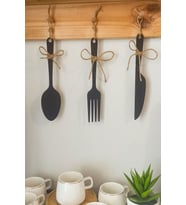 3 Parça Dekoratif Ahşap Çatal-Kaşık-Bıçak Seti Mutfak, Kahve Köşesi, Raf, Askı Süsü, Dolap,(19 cm)